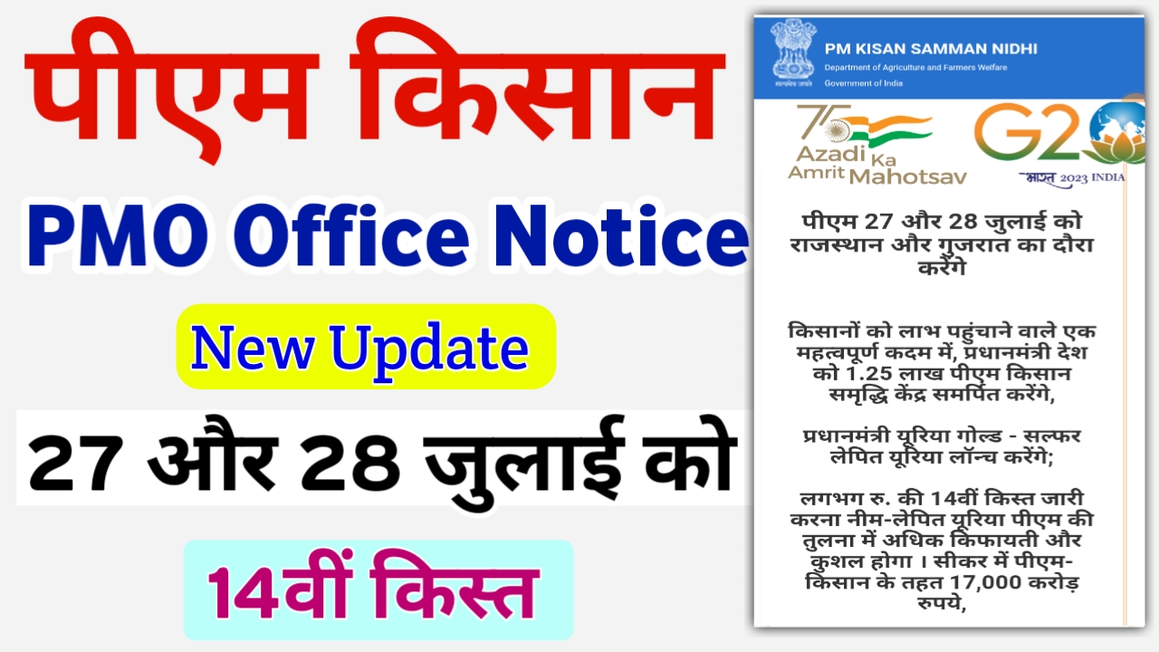 माननीय प्रधानमंत्री श्री नरेंद्र जी मोदी का 27 और 28 जुलाई 2030 को राजस्थान और गुजरात के दौरे पर जाएंगे, इसको लेकर पीएमओ ऑफिस की तरफ से आधिकारिक सूचना आज जारी हुई, पीएम ऑफिस की तरफ से जारी सूचना को आप ध्यान पूर्वक पढ़ सकते हैं इसमें लिखा है कि माननीय प्रधानमंत्री जी 27 और 28 जुलाई को राजस्थान और गुजरात के दौरे पर होंगे, Schemeपीएम किसान योजना PMO Notice Pm Kisan Installment Release Date Installment Date 27 July ,11:००AmPm Kisan Status Check Click herePM Kisan PortalClick here और पीएम किसान सम्मान निधि योजना की अगली चौदहवीं किस्त 27 जुलाई 2023 को सुबह 11:00 बजे के बाद माननीय प्रधानमंत्री जी जारी करेंगे, इसकी जगह राजस्थान के सीकर से स्टेडियम तय किया गया है, किसानों के लिए विशेष कार्यक्रम माननीय प्रधानमंत्री जी का राजस्थान में रखा गया है इसमें प्रधानमंत्री किसान समृद्धि केंद्र भी वितरित किए जाएंगे प्रधानमंत्री जी के द्वारा, और किसान समूह को एकत्रित करके उनसे बातचीत की जाएगी और किसानों पर विशेष चर्च प्रधानमंत्री जी के द्वारा की जाएगी,